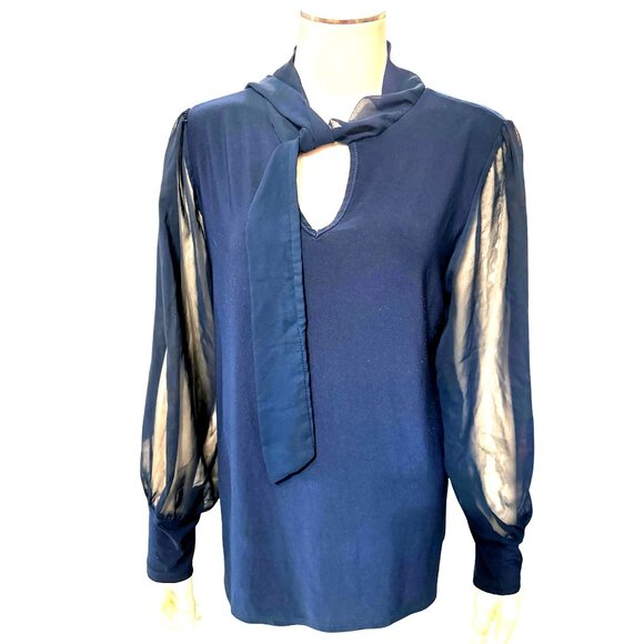 Adele May Navy Blouse Large Sheer Sleeve Tie Neck Keyhole Romantic Soft Glam - Picture 1 of 10